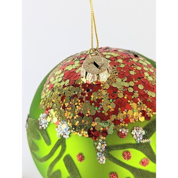 Pair Red and Green Glittery Glass Christmas Ornaments Round Ball Teardrop Felted - Picture 3 of 10
